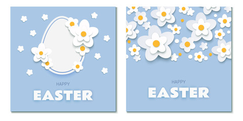 Happy Easter greeting cards with paper cut egg and white flowers on blue background. Vector illustration.
