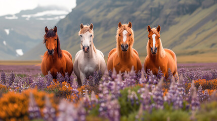 Adorable Icelandic horses in a pasture with mountains and lupines in the background - obrazy, fototapety, plakaty