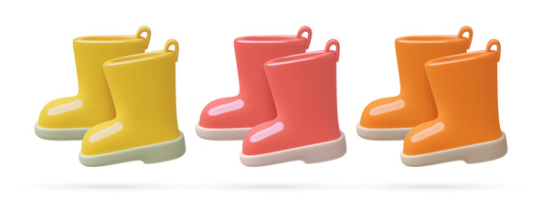 A pair of rain rubber boots. 3D Realistic minimal red, yellow and orange footwear icons set. Three dimensional vector illustration isolated on white background.