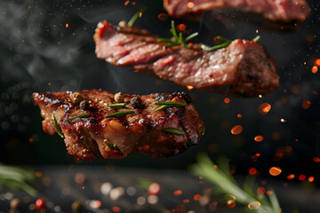 Slices of freshly flame grilled steak flying on a dark background with rosemary