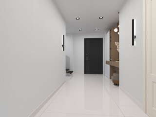Hallway Design with Furniture. Mirror, pouff, spot, wall and pendant lights. Render 3D