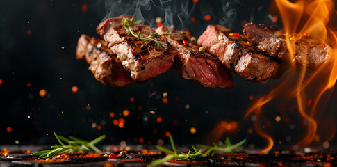 Slices of freshly flame grilled steak flying on a dark background with rosemary