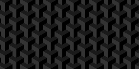 Black and gray seamless pattern Abstract cubes geometric tile and mosaic wall or grid backdrop hexagon technology. Black and gray geometric block cube structure backdrop grid triangle background.