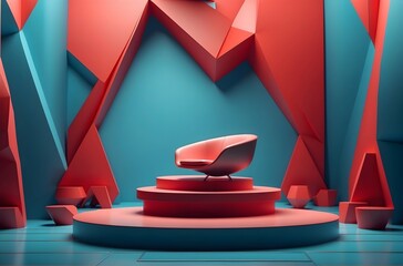 futuristic podium engulfed in a minimalist space adorned with geometric patterns.