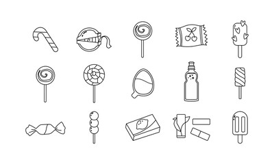 Set of outline icons of sweet candies and lollipops