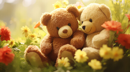 Couple teddy bears in flowers garden green grass, Valentine's day concept