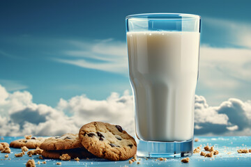 Glass of splash milk with cookies levitation. Milk and cookie. Food photo