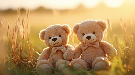 Couple teddy bears in flowers garden green grass, Valentine's day concept