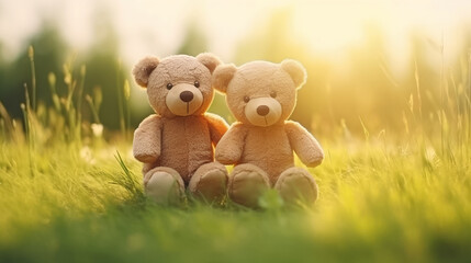 Obraz na płótnie Canvas Couple teddy bears in flowers garden green grass, Valentine's day concept
