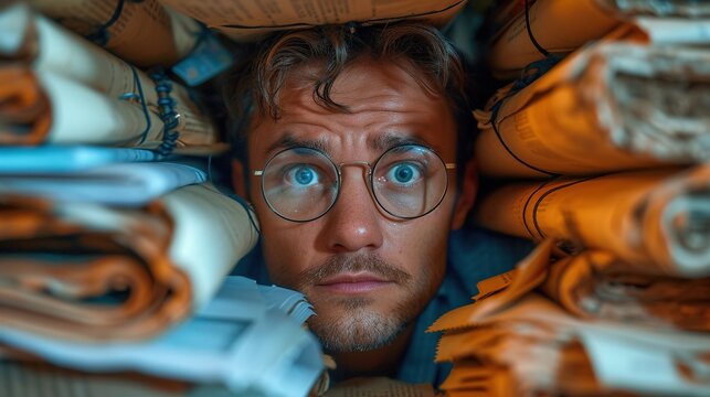 Shocked businessman sitting at the table with many papers in office. Generative Ai. 