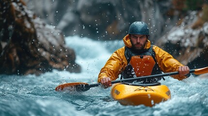 Fototapeta premium View of a young man kayaking in river. Generative Ai. 