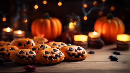 Festive Halloween cookies shaped like jack-o'-lanterns on a wooden table with glowing candles and pumpkins.