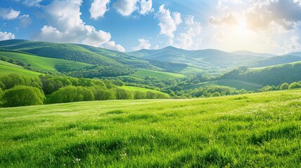 Obraz premium Panorama of beautiful countryside. Sunny afternoon. Wonderful springtime landscape in the mountains. Grassy field and rolling hills