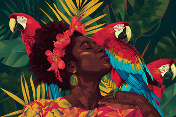 Naklejka premium African american beautiful woman with parrot in tropical jungle. Black history month, day. Ethnic, culture, liberty concept. Racial equality