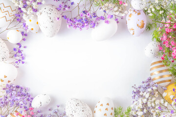 Happy Easter greeting card background with easter eggs and spring flowers. Easter holiday flat lay composition with copy space for text