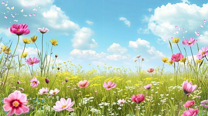 Spring landscape panorama with flowers in a meadow