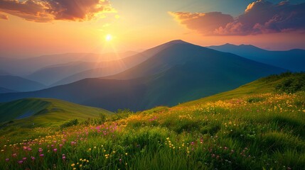 Obraz premium Sunset in the mountain valley. Beautiful natural landscape in the summertime