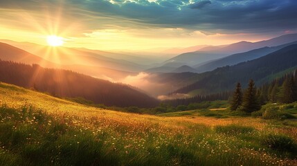 Sunset in the mountain valley. Beautiful natural landscape in the summertime