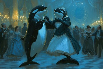 orca killer whale Animals Presidential Ballroom Dance Extravaganza adorned in elegant attire, engage in a formal dance, celebrating with style and grace, cartoon - obrazy, fototapety, plakaty