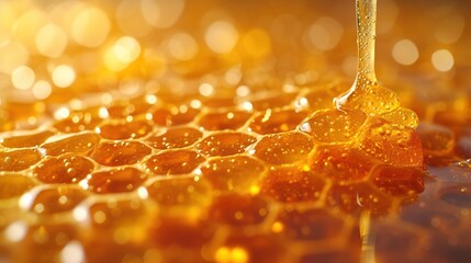 Gold honey in honeycomb closeup. Bee products with fresh honeycomb, honey products by organic...