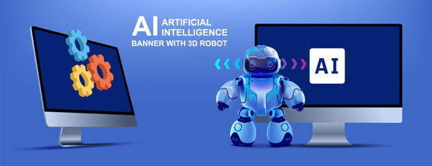 Futuristic principle of robot operation in the artificial intelligence system AI and the concept of modern computer technologies. PC with robot chat bot. Modern robot technology chatbots