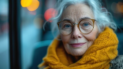 Portrait of senior woman with eyeglasses sitting on the bus. Generative Ai. 