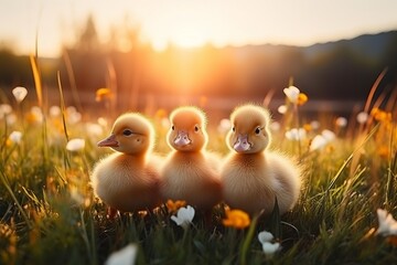 Charming little ducklings enjoying the outdoor scenery with ample copy space on lush green grass - obrazy, fototapety, plakaty