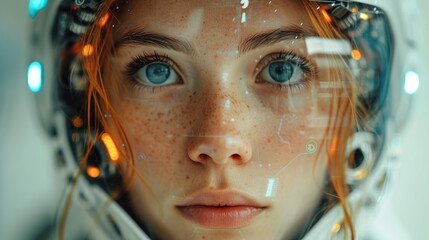 Close up of a female astronaut looking at camera. Generative Ai. 
