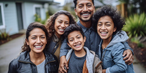 Fototapeta premium Joyful Multi-Ethnic Family Smiling on Driveway Against Home Background