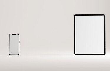 High end premium smartphone and tablet mockup on white studio backdrop. Advertising mockup