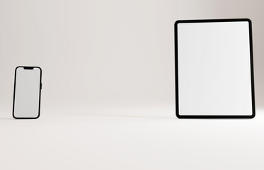 High end premium smartphone and tablet mockup on white studio backdrop. Advertising mockup
