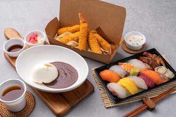 Raw fish, salmon, mochi-ridofu, sushi, assorted sushi, fried snow crab legs, fried food, Japanese food, fish