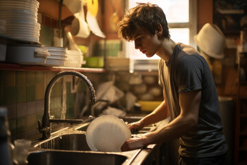 Young man washing dishes in restaurant kitchen - obrazy, fototapety, plakaty