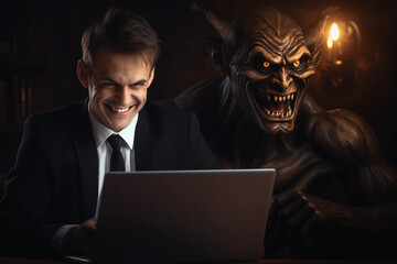 Evil businessman portrait with evil smile at laptop