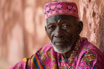 Obraz premium Old man tribe member wearing traditional clothes. Black history month, day. Civil rights, culture, liberty concept. Racial equality