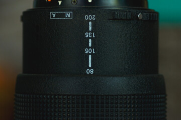 Close up shot of classic old camera zoom lens.