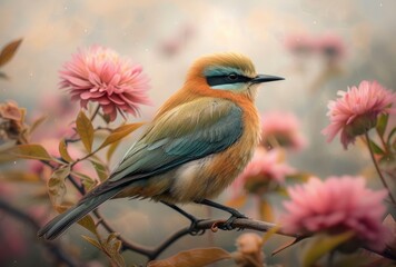 Obraz premium colorful_bird_on_a_branch_with_green_leaves