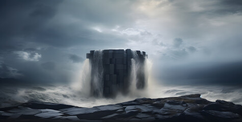 A stone fountain in the ocean next to clouds and a waterfall