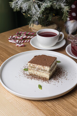 A delicious dessert in a restaurant. Close-ups