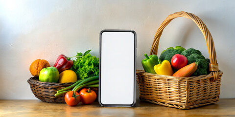 White screen smartphone is placed in a basket full of vegetables placed on a wooden table in the background of a white wall with concepts of cooking, agriculture, shopping, industry, illustrations - obrazy, fototapety, plakaty