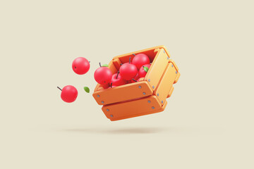 Minimal stylized brown wooden box with fresh ripe red apples, green leaves floating in the air. Autumn harvest at the farm. Healthy fruit snacks for nutrition, vitamins. 3d render in pastel colors.
