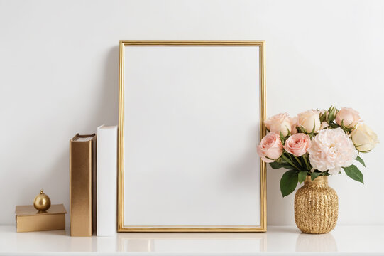 Picture frame mockup, in style of gold and rose. Feminine, white aesthetic image