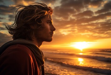 As the sun dips below the horizon, a solitary figure stands on the beach, silhouetted against the colorful sky and reflecting on the ever-changing beauty of nature