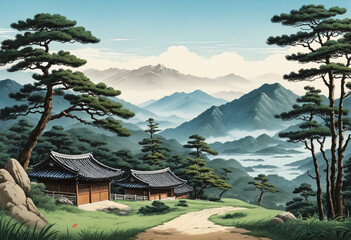 Pretty Korea, mountains, pine trees, hanok, rural natural scene, ink painting, and traditional Korean painting art. 