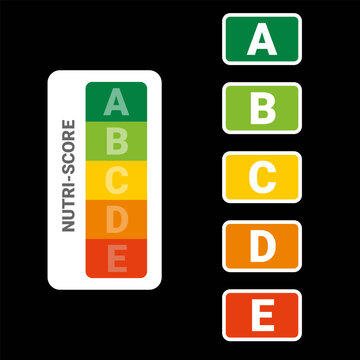 Nutrition score vertical icon set. Nutriscore stickers for packaging. Food grading system signs: A, B, C, D, E.