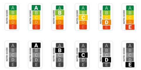 Nutrition score vertical icon set. Nutriscore stickers for packaging. Food grading system signs: A,...