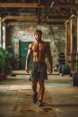 a man is walking at the gym