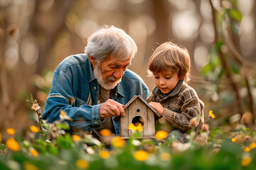 Grandfather and grandson building a bird house in the garden on a spring morning - obrazy, fototapety, plakaty