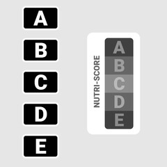 Nutrition score vertical icon set. Nutriscore stickers for packaging. Food grading system signs: A, B, C, D, E.