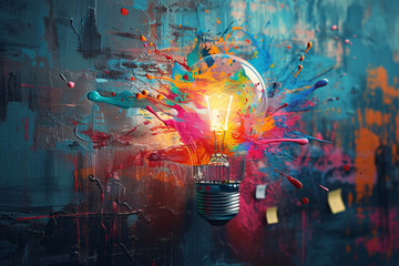 Explosion of paint colors from light bulb on textured backdrop - obrazy, fototapety, plakaty